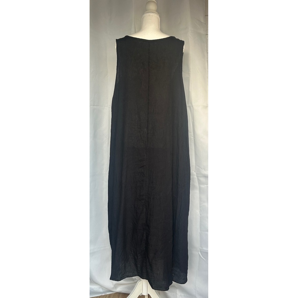 Kaktus, black linen maxi dress, sleeveless maxi, boho minimalist, eyelet, L - Picture 2 of 5